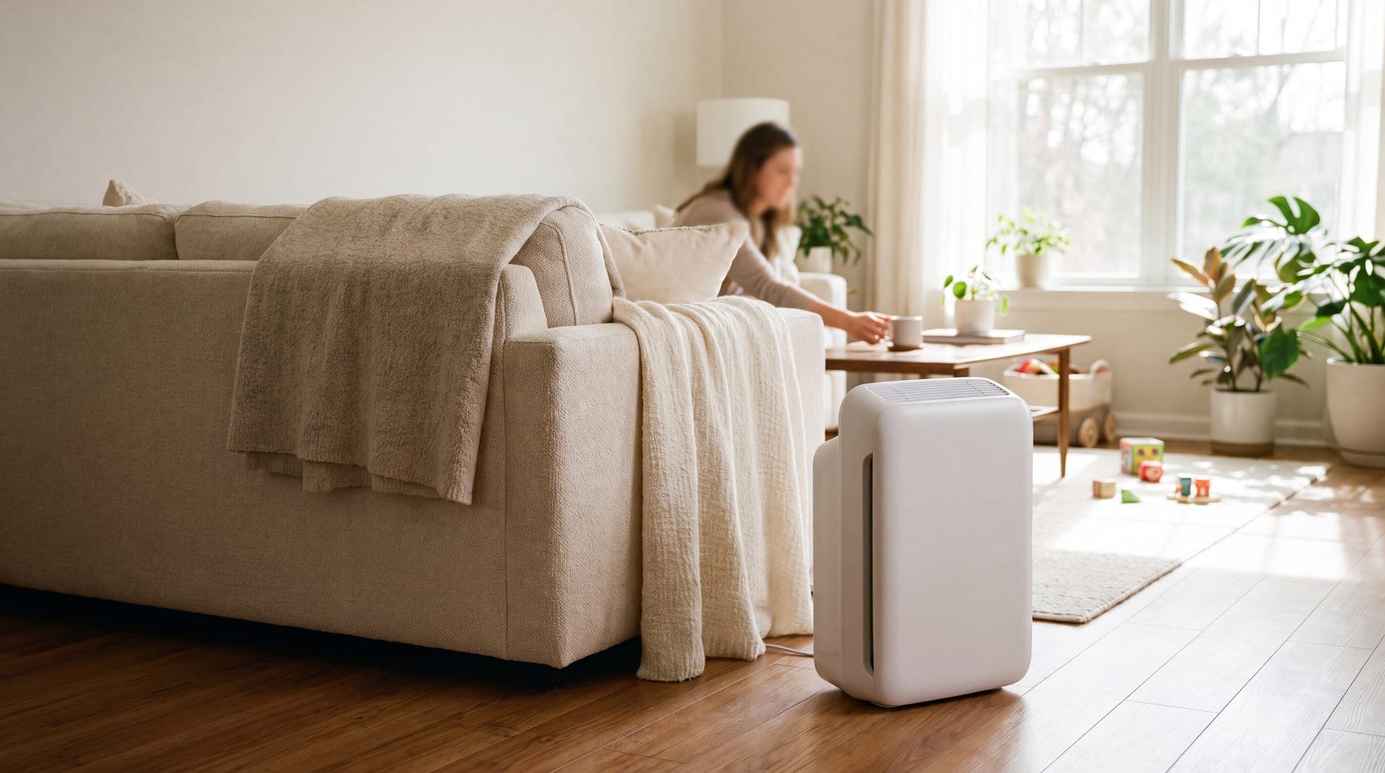 A HEPA air purifier cleaning the air in a bright modern home